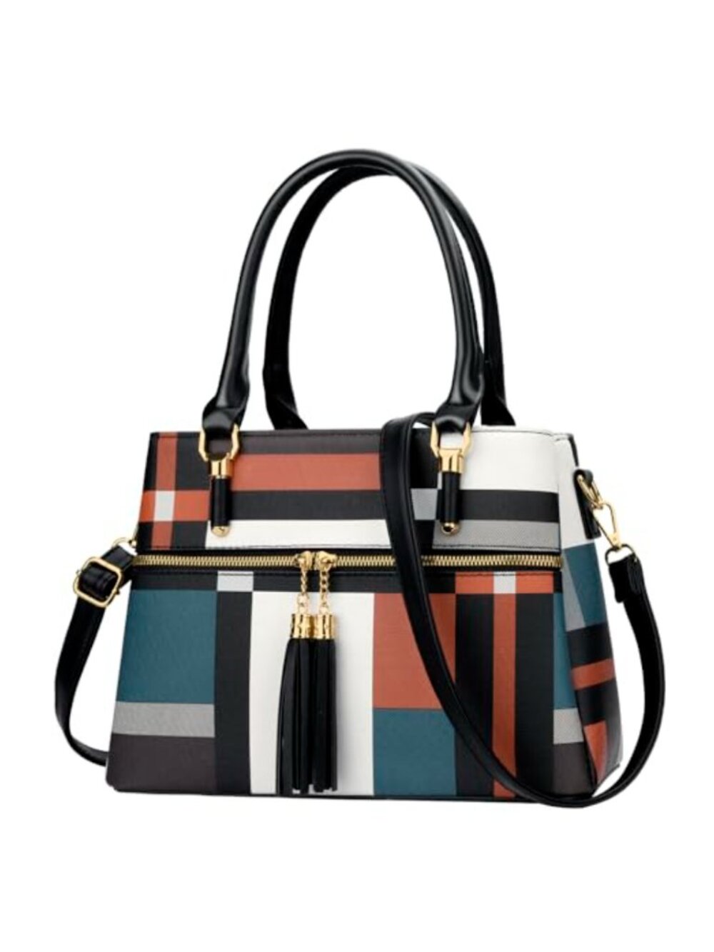 Faux Leather Triple Compartment Satchel with Tassel